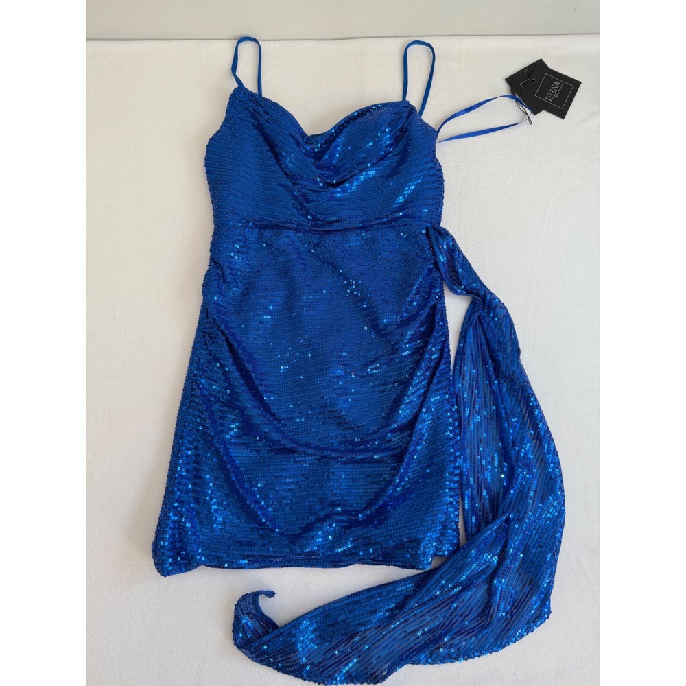 IEENA Mac Duggal Sequin Mini Dress Women 2 Blue Cowl Neck Cocktail Luxury Party